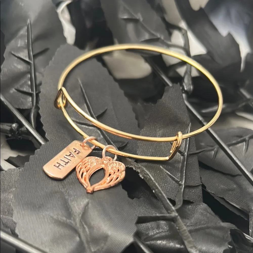 Gold Faith Bangle Bracelet with Angel Wing Charm - Picture 1 of 5